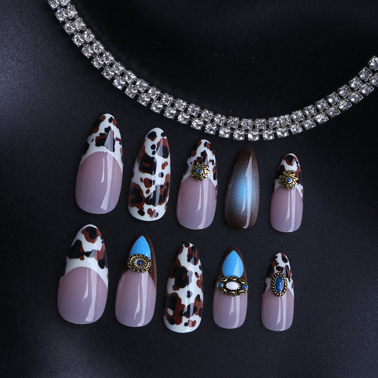 Wild Fashion Statement Medium Almond Leopard Print Press On Nail Set with Decorative Accents