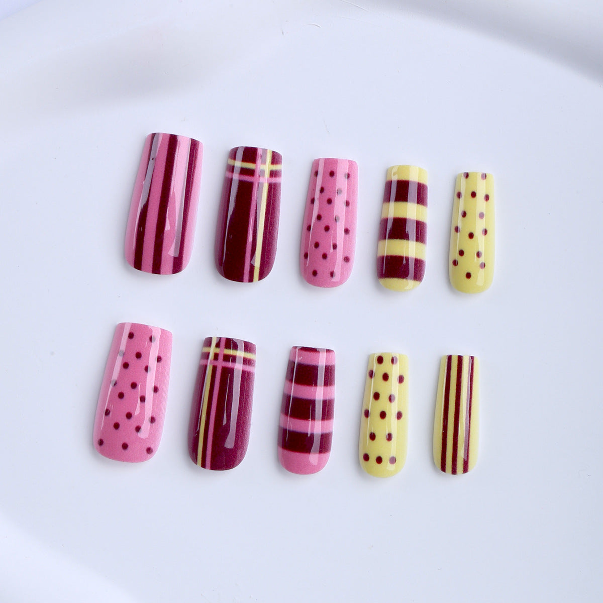 Chic Candy Stripes Medium Square Pink and Yellow Nail Set with Unique Patterns