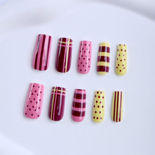 Chic Candy Stripes Medium Square Pink and Yellow Nail Set with Unique Patterns