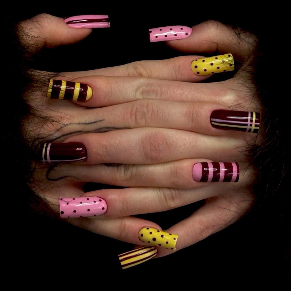 Whimsical Desserts Long Square Pink and Yellow Striped Nail Set