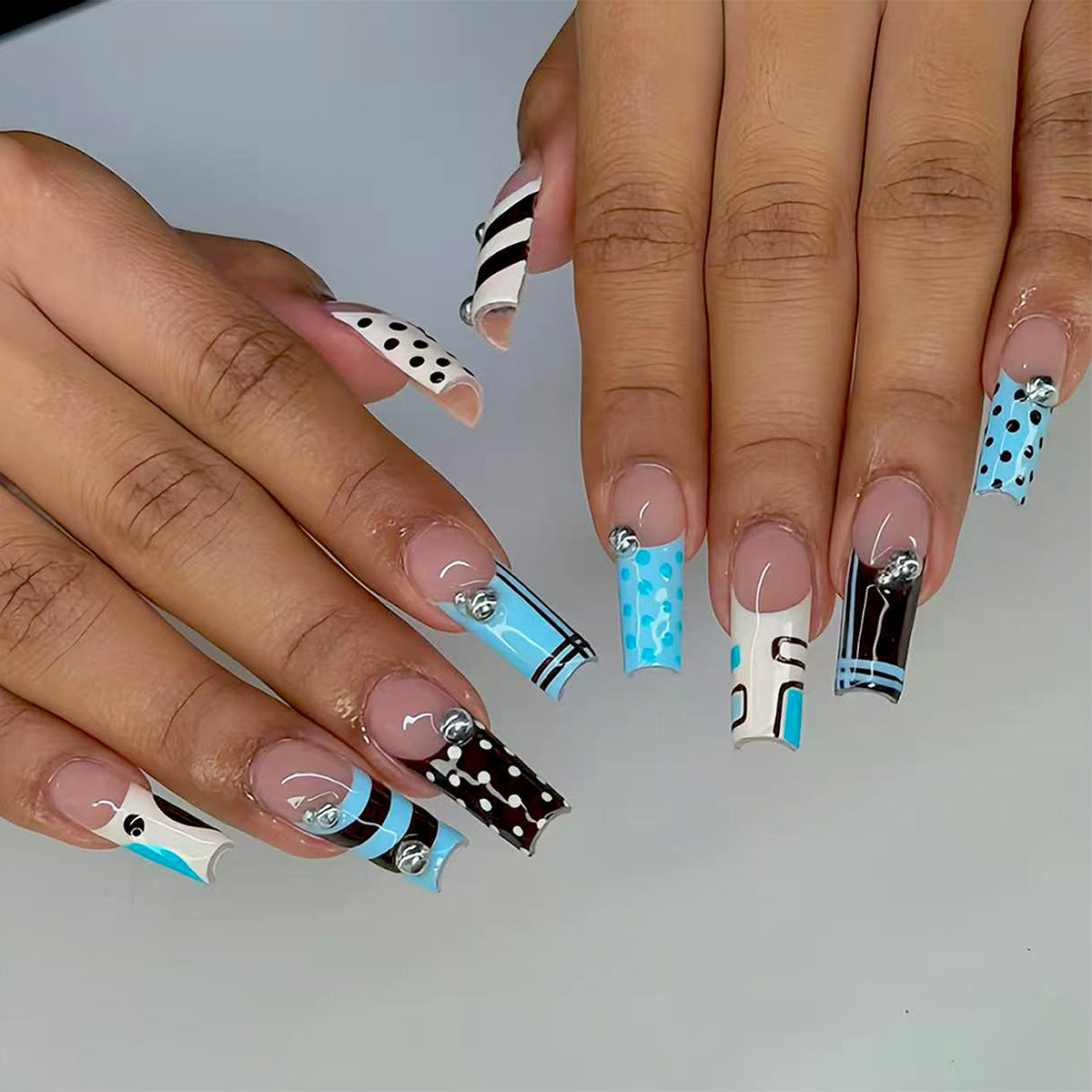 Sweet Treats Long Square Blue with Decorative Gems Nail Set