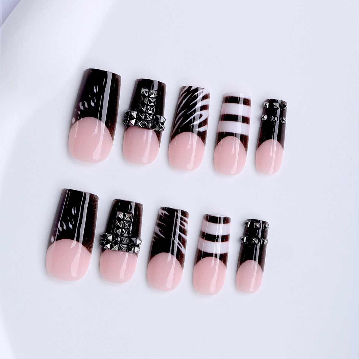 Edgy Elegance Long Square Pink and Black with Metallic Studs Press on Nail Set
