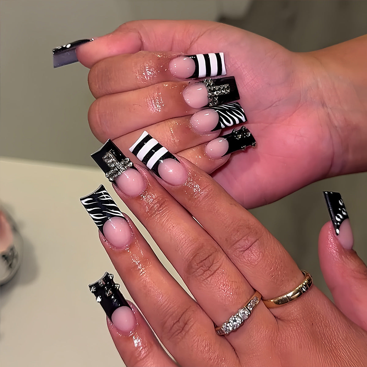 Bold Black and White Long Square Press On Nail Set with Unique Striped Designs