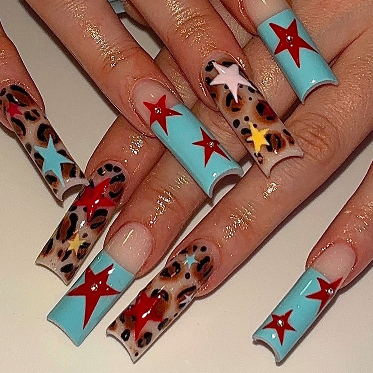Retro Glam Long Square Turquoise with Star and Leopard Print Design