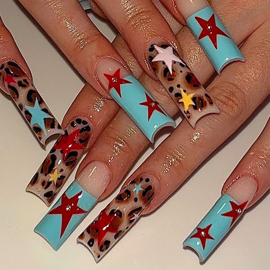 Retro Glam Long Square Turquoise with Star and Leopard Print Design