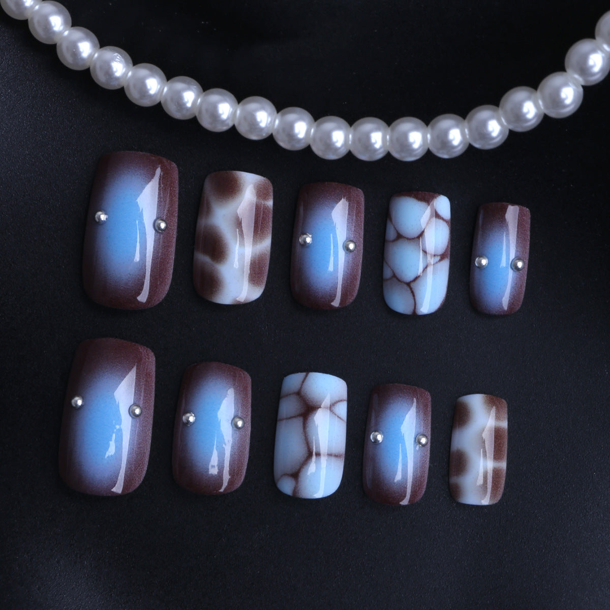 Elegant Marble Effect Short Square Blue and Brown Press On Nail Set with Stylish Rhinestones