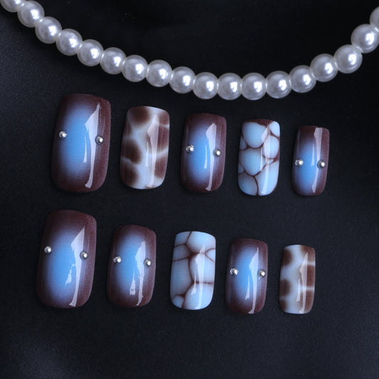 Elegant Marble Effect Short Square Blue and Brown Press On Nail Set with Stylish Rhinestones