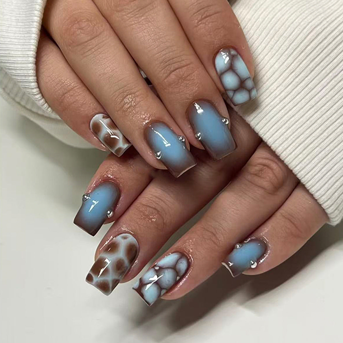 Ocean Breeze Medium Square Sky Blue with Unique Marble Accents Press On Nail Set
