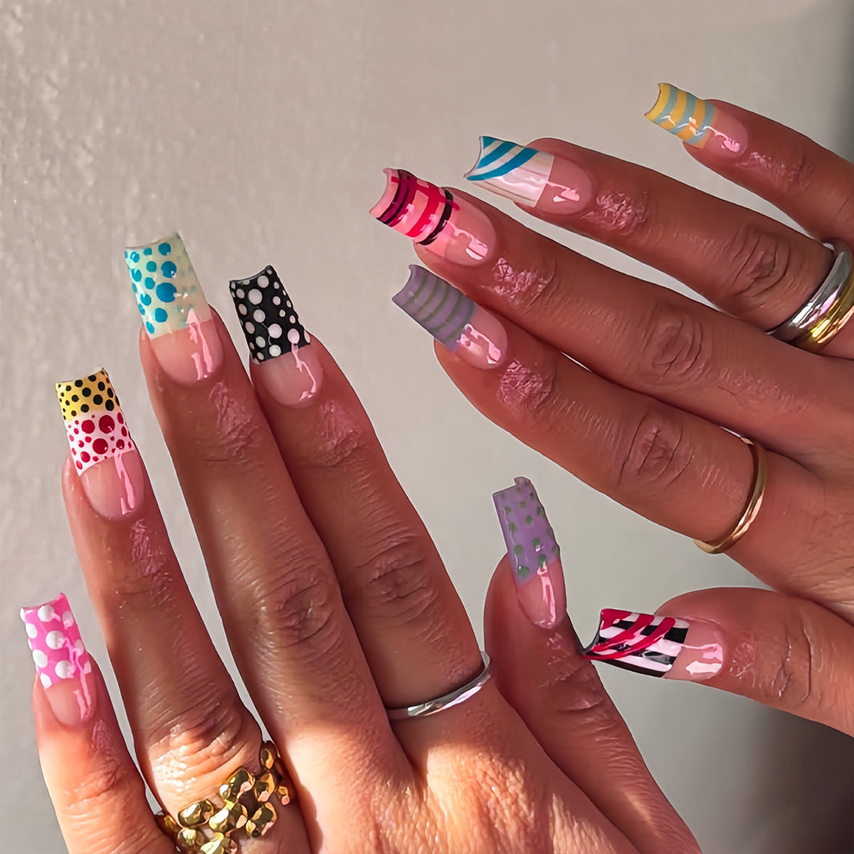 Colorful Whimsy Medium Square Pastel Patterns Press On Nail Set