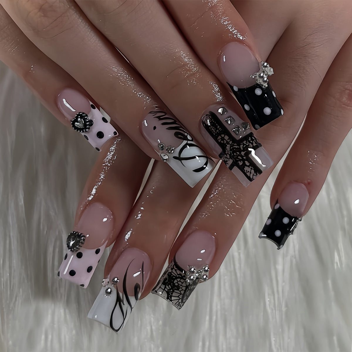Gothic Chic Long Square Stylish Press-On Nail Set with Unique Gemstone Accents