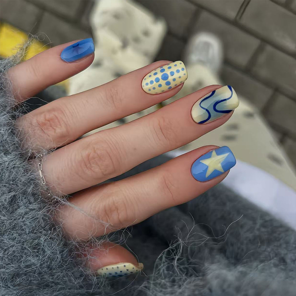 Celestial Dream Medium Squoval Blue with Starry Design Press On Nail Set