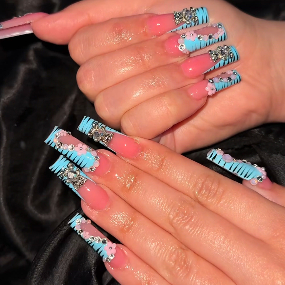 Chic Ocean Breeze Long Square Blue and Pink Embellished Nail Set