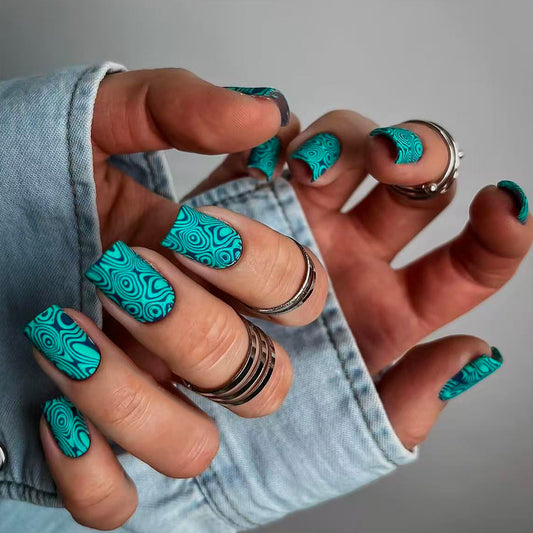 Vibrant Oceanic Short Square Matte Nail Press Set with Unique Abstract Design