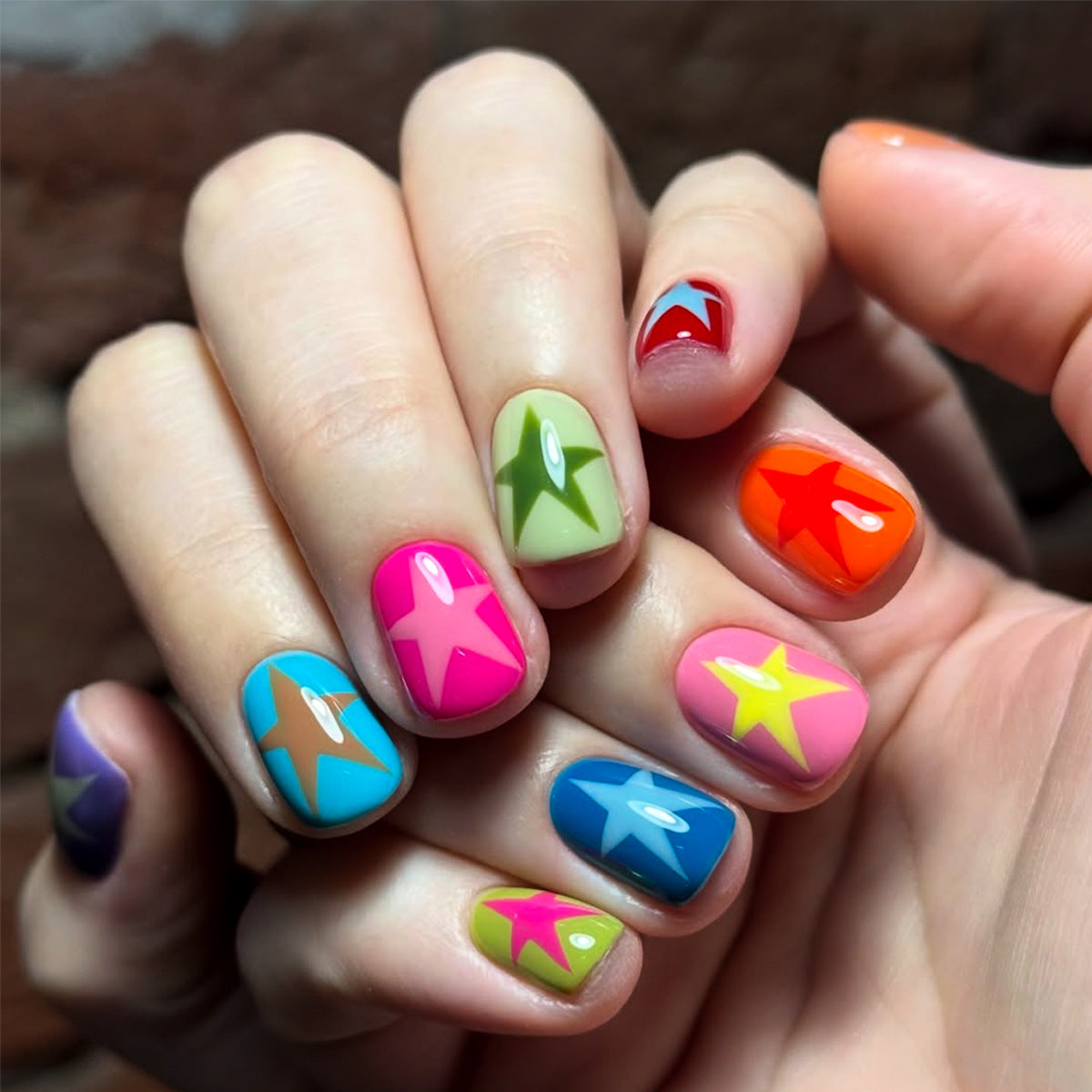 Vibrant Starburst Medium Square Colorful Nail Set with Glossy Finish