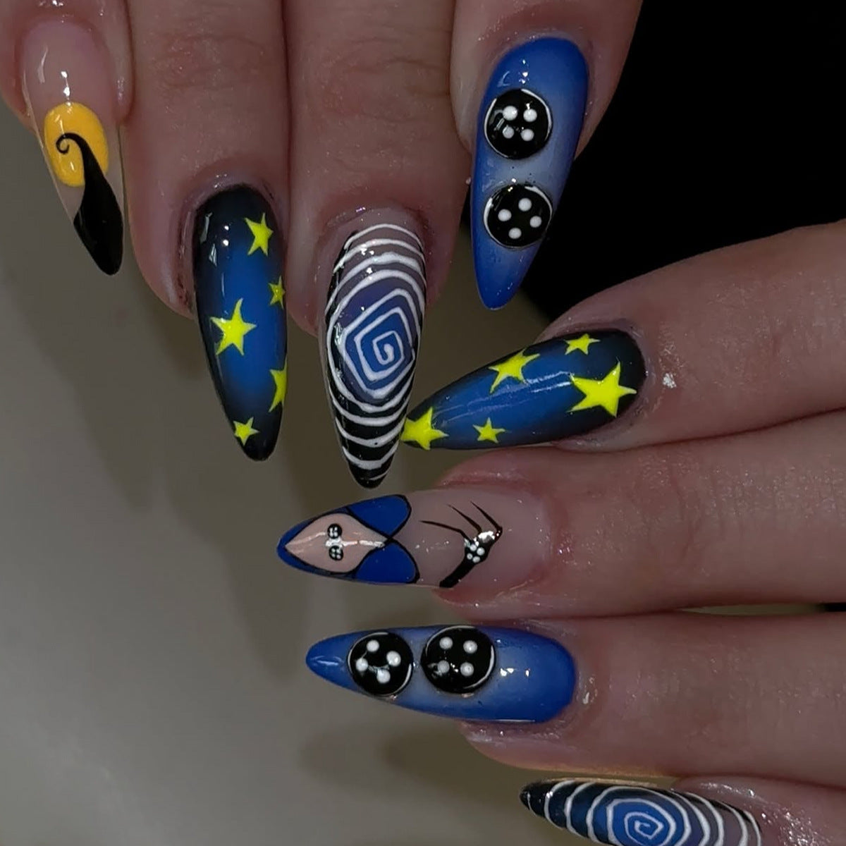 Cosmic Dream Medium Almond Blue with Starry Night Design Press On Nail Set