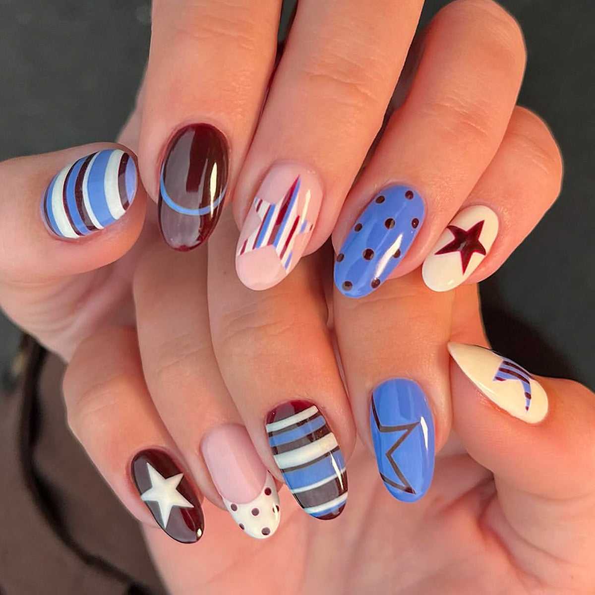 Starry Night Medium Oval Blue with Whimsical Patterns Press On Nail Set