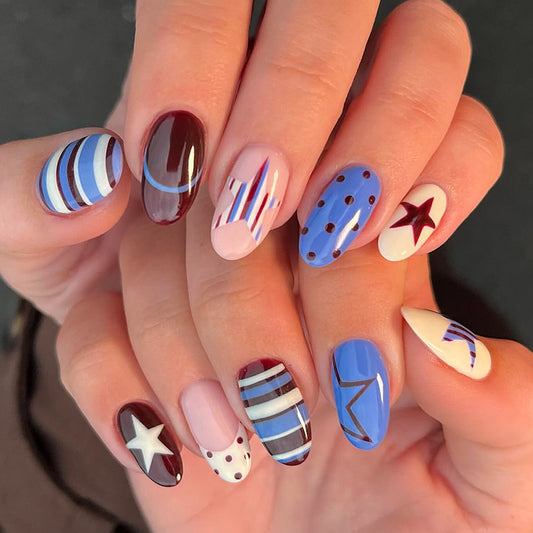 Starry Night Medium Oval Blue with Whimsical Patterns Press On Nail Set
