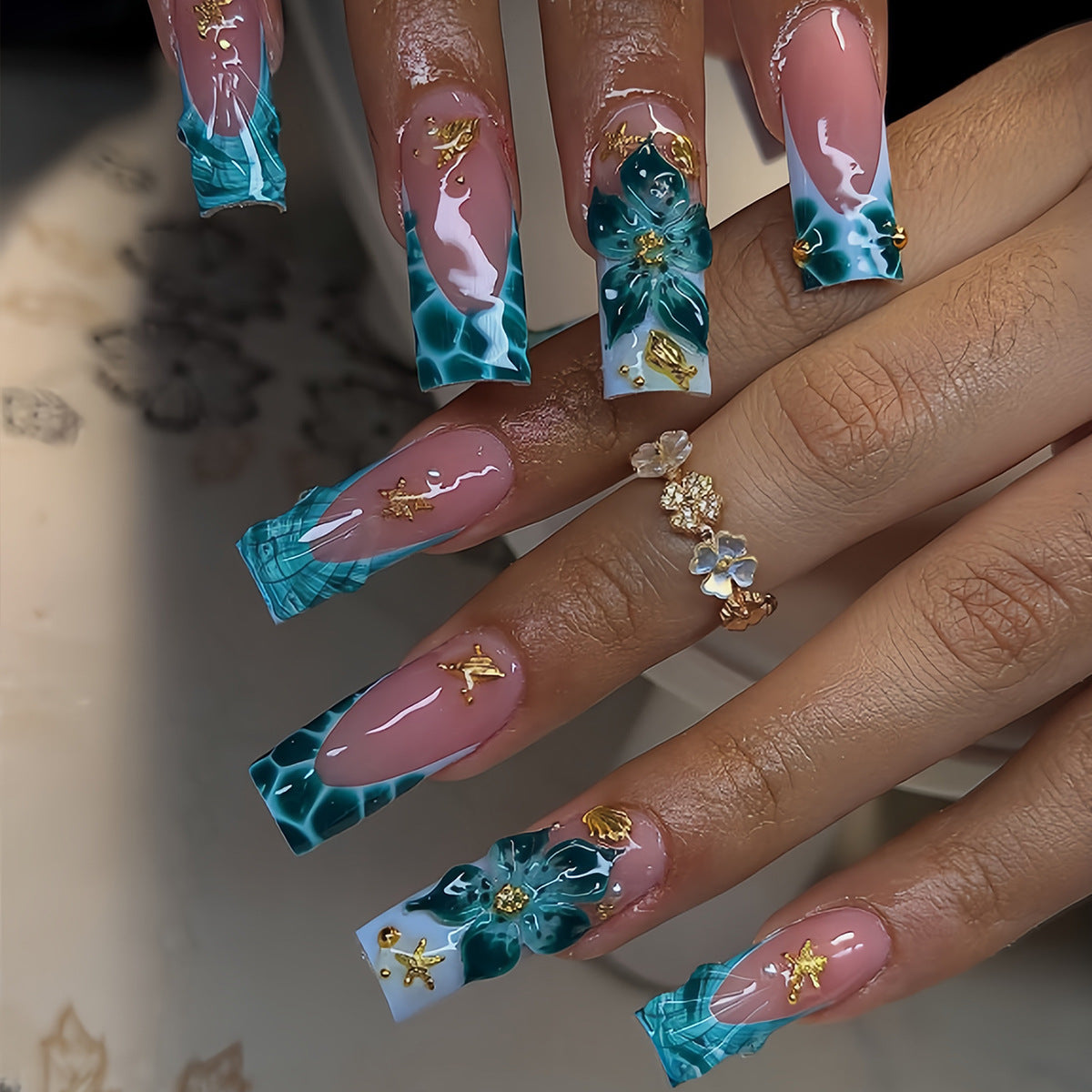 Ocean Breeze Long Square Teal Floral Press-On Nail Set with Glitter Accents