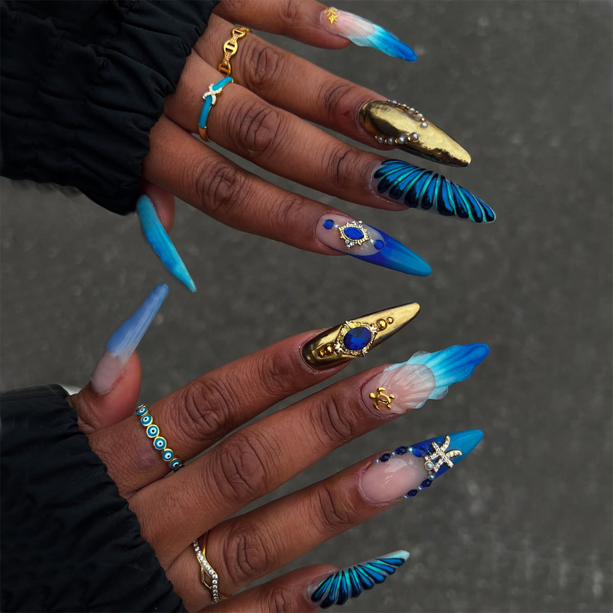 Nautical Elegance Long Almond Blue Ombre with Shell and Gemstone Accents Press On Nail Set