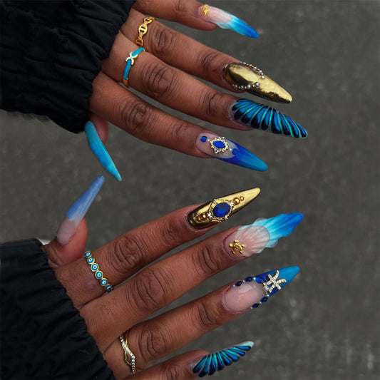 Nautical Elegance Long Almond Blue Ombre with Shell and Gemstone Accents Press On Nail Set