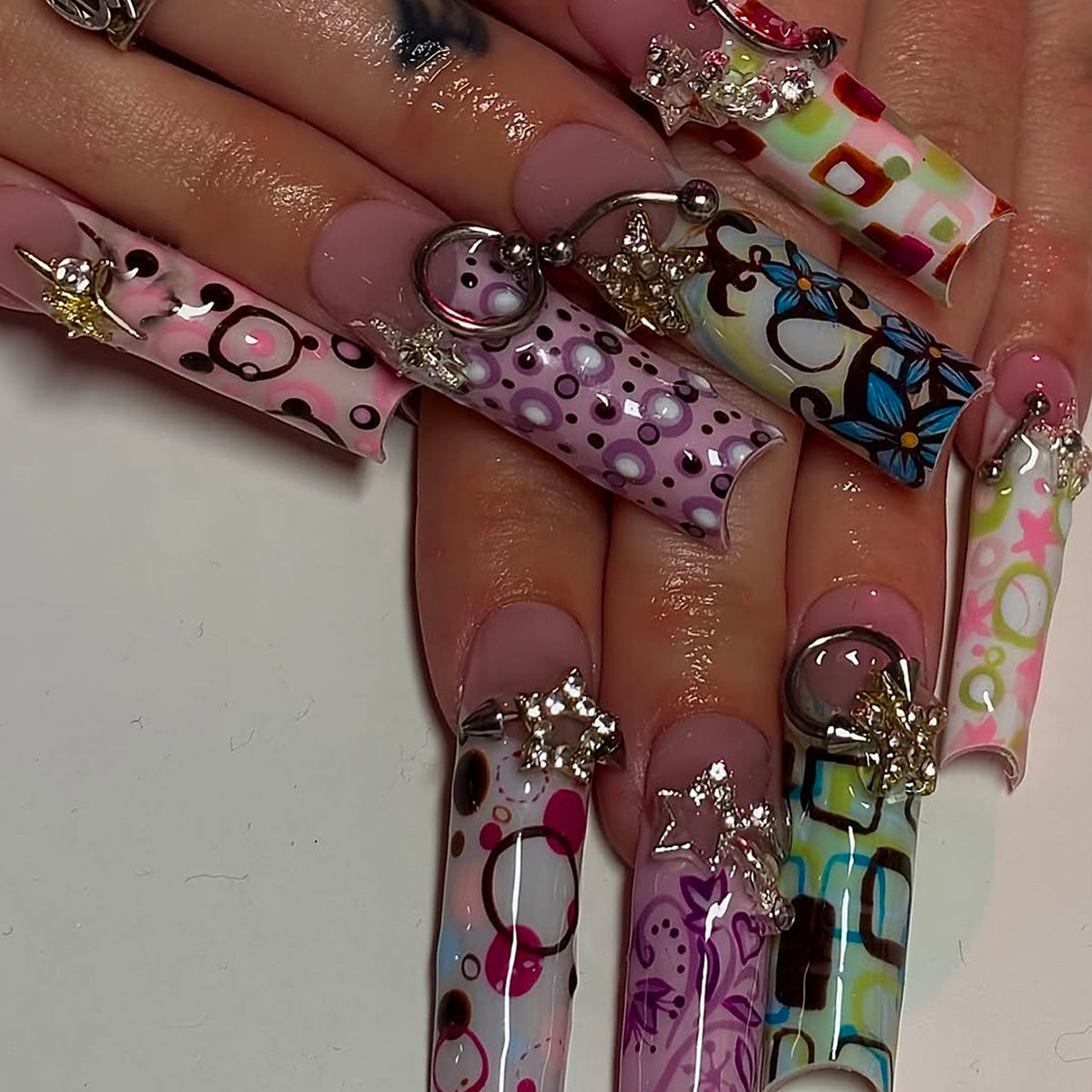 Whimsical Floral Long Square Multi-Colored Press On Nail Set with Unique Gem Accents
