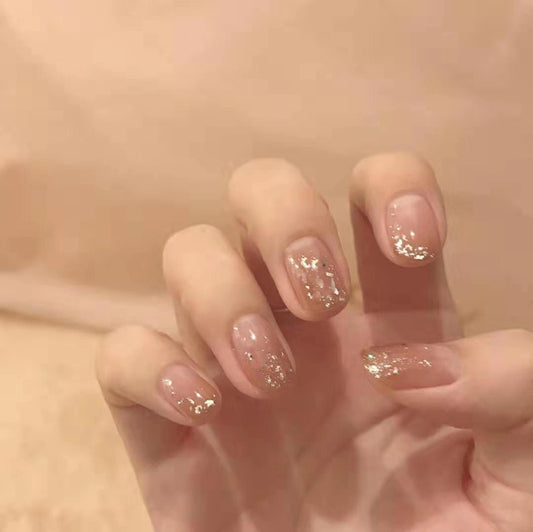 Pieced With Gold Short Square Beige Abstract Press On Nails