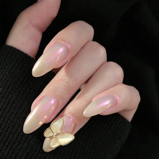 Gold Butterfly Accented Long Almond White Bold Press On Nails