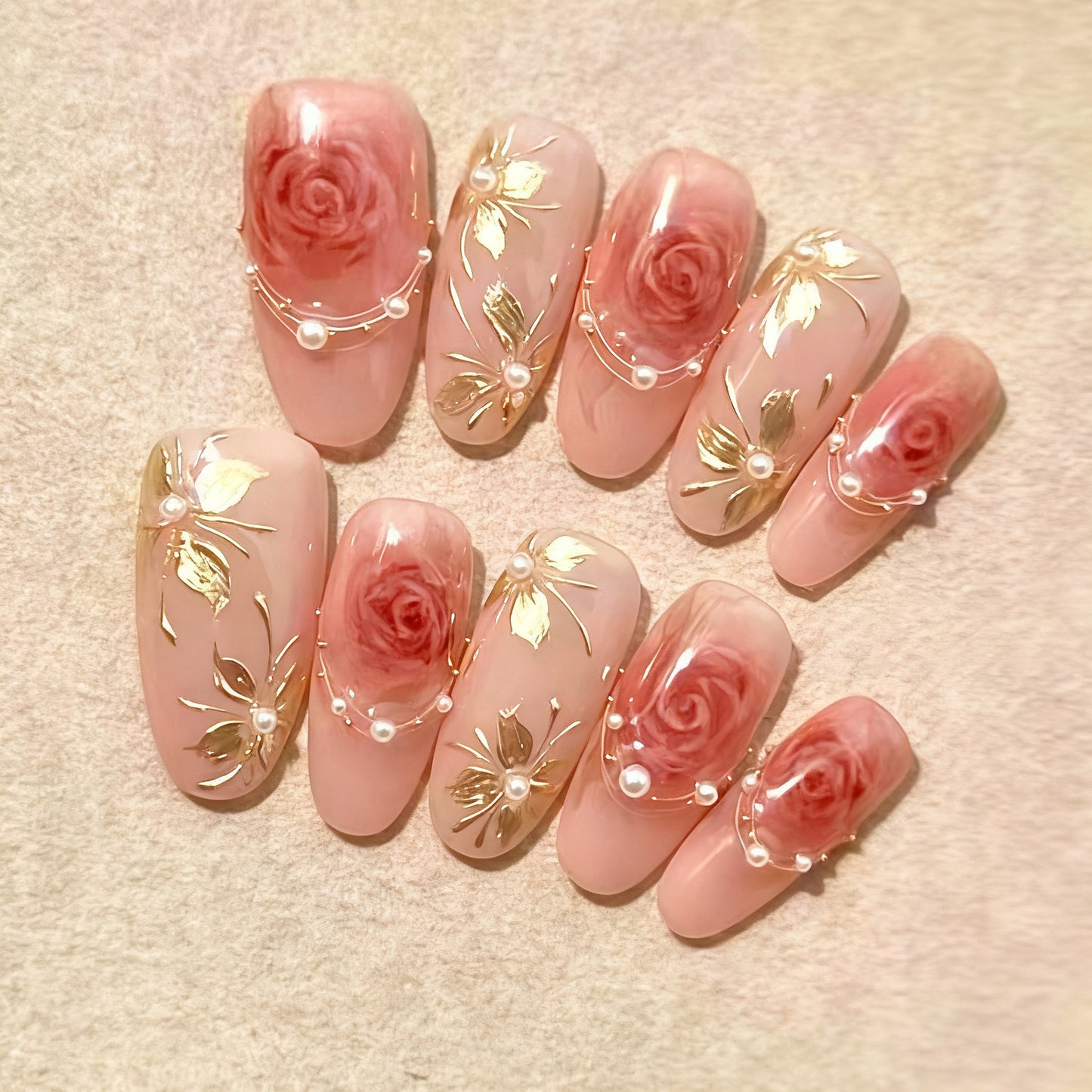 Romantic Floral Medium Almond Press-On Nail Set with Elegant Rose and Pearl Design