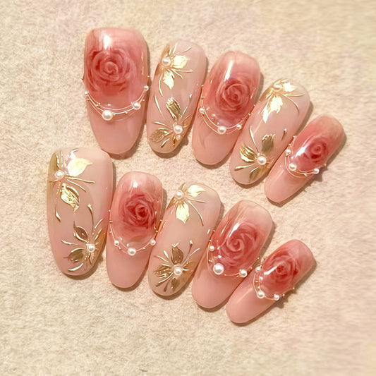 Romantic Floral Medium Almond Press-On Nail Set with Elegant Rose and Pearl Design