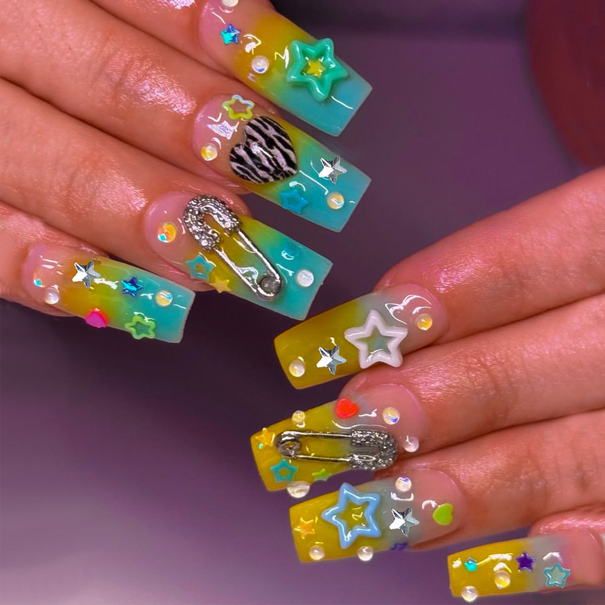 Cosmic Vibes Long Square Aqua and Yellow Gradient with Star and Safety Pin Accents