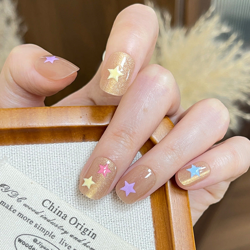 Celestial Glamour Medium Square Beige Press On Nail Set with Star Accents