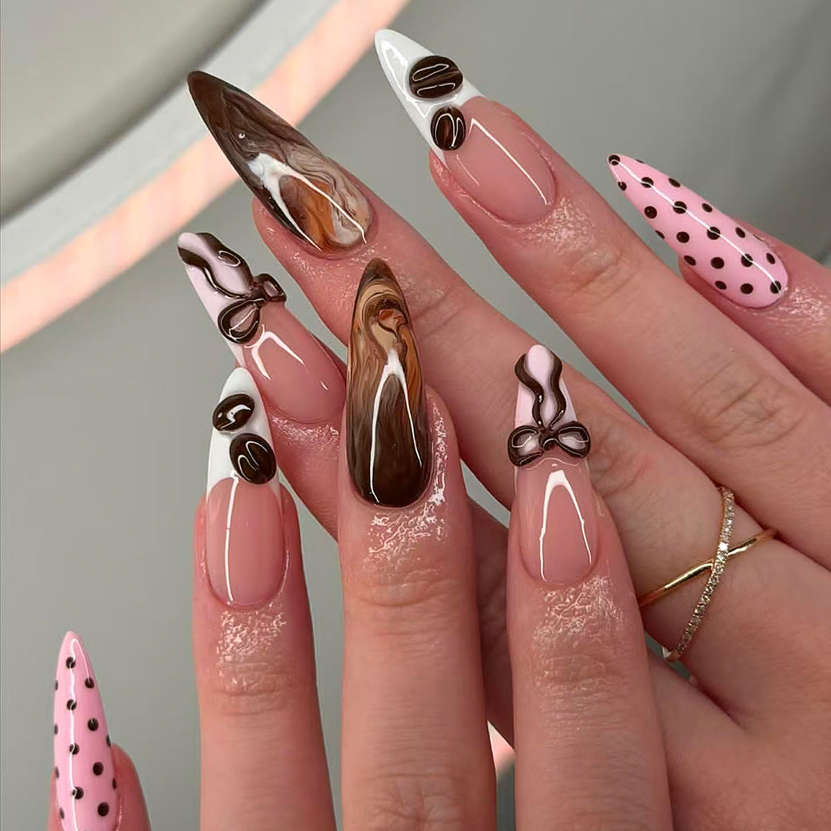 Coffee Delight Long Almond Pink and Brown Marble Design Press On Nail Set