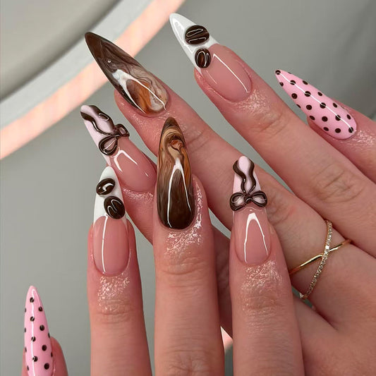 Coffee Delight Long Almond Pink and Brown Marble Design Press On Nail Set
