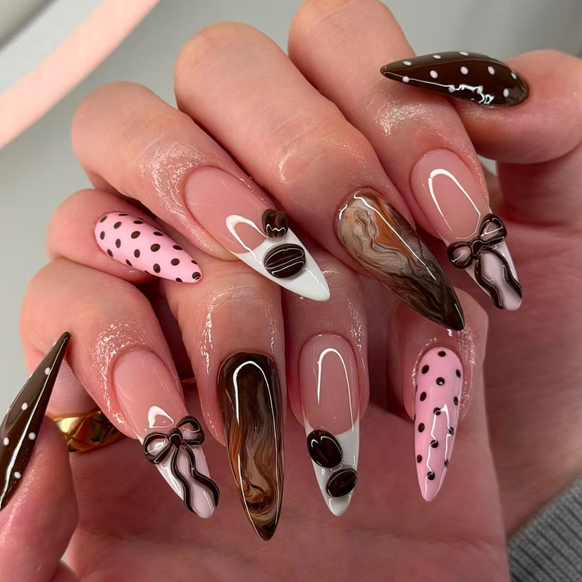 Chocolate Delight Long Almond Pink with Bow and Coffee Design Press on Nail Set