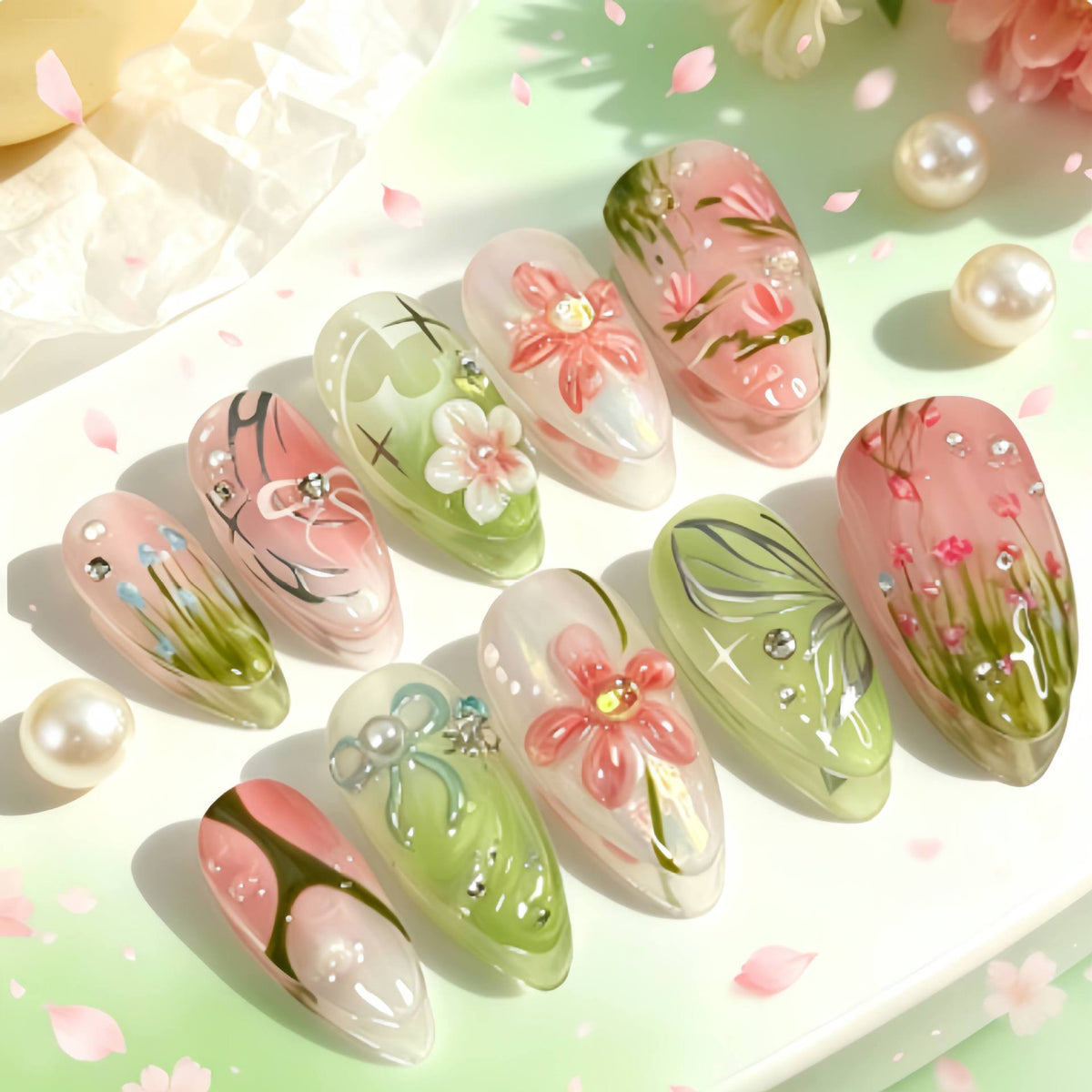 Blossom Garden Medium Almond Pink Green Floral Press On Nail Set