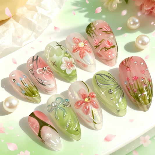 Blossom Garden Medium Almond Pink Green Floral Press On Nail Set