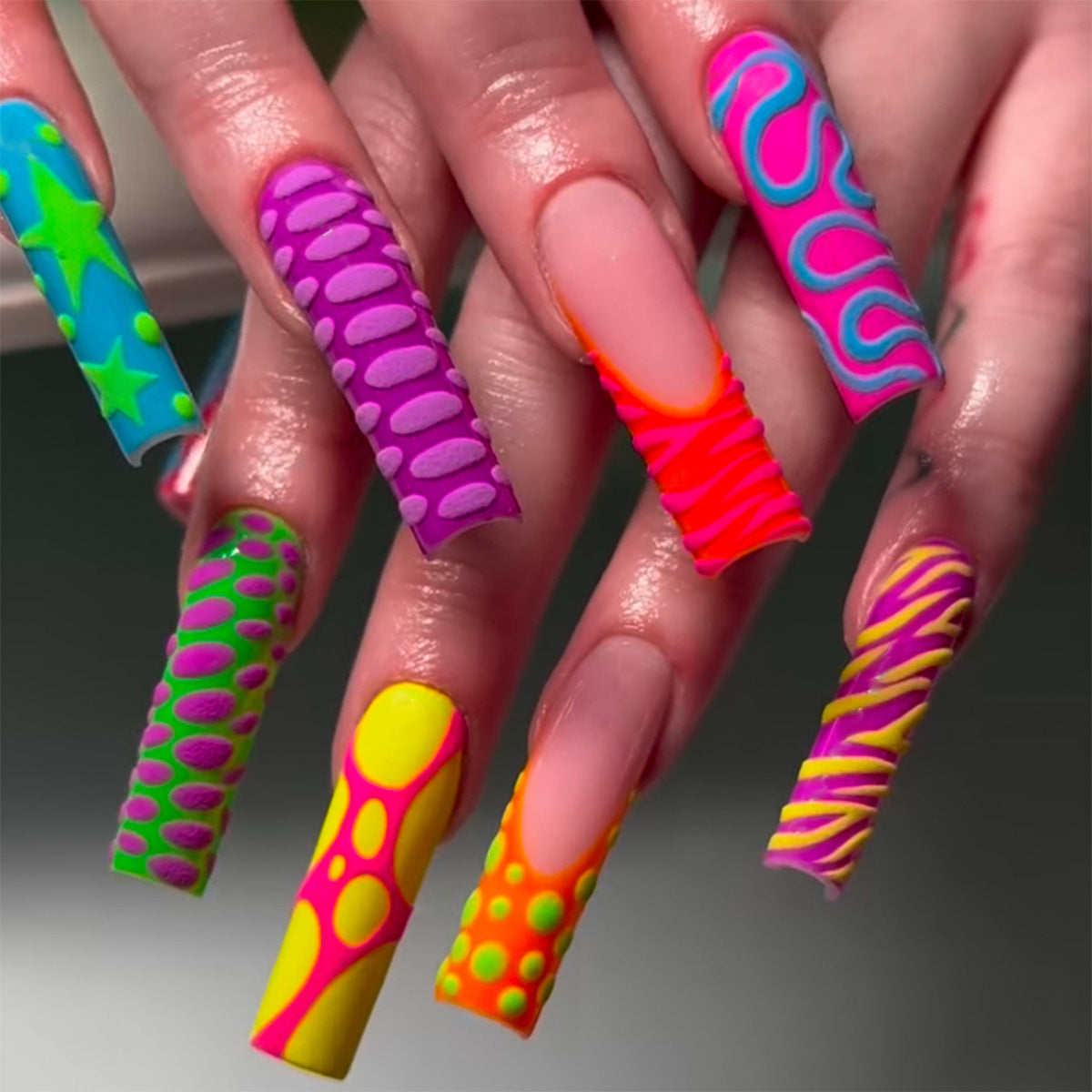 Vibrant Neon Long Square Nail Set with Unique Textured Patterns