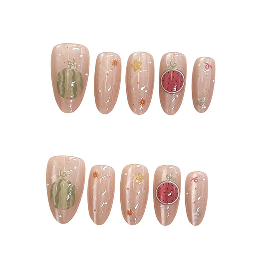 Summer Vibes Long Almond Peach with Fun Watermelon and Star Designs Press on Nail Set