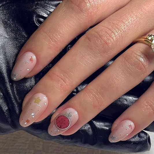 Sweet Delight Press-On Nail Set in Long Almond Shape Blush Pink with Charming Fruit Designs