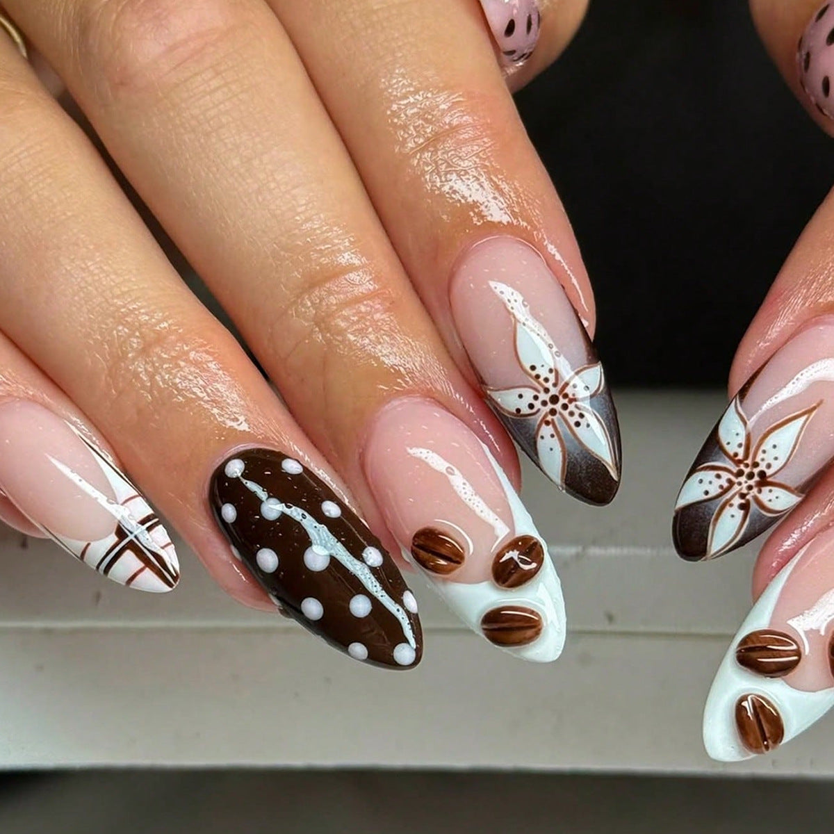 Cocoa Delight Medium Almond Almond Press On Nail Set with Elegant Floral Design