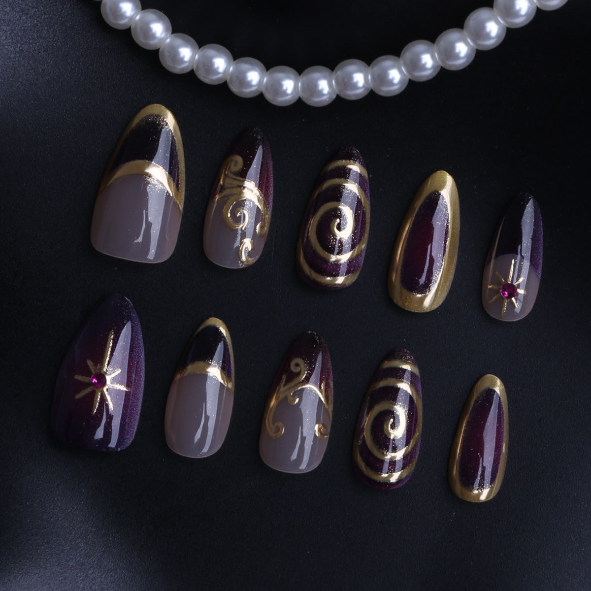 Glamorous Night Sky Medium Almond Purple and Gold Press On Nail Set with Sparkling Accents