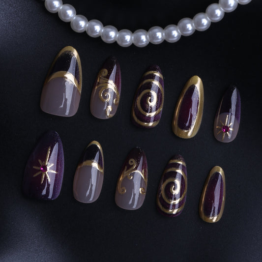 Glamorous Night Sky Medium Almond Purple and Gold Press On Nail Set with Sparkling Accents