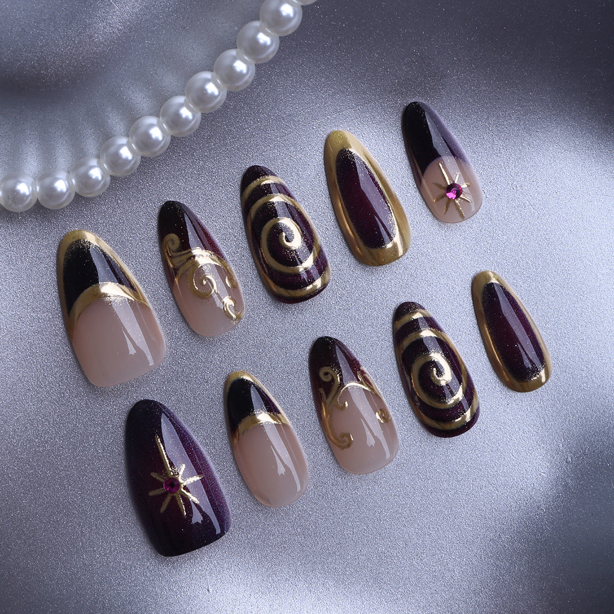 Elegant Midnight Charm Medium Almond Purple with Gold Swirls Nail Set