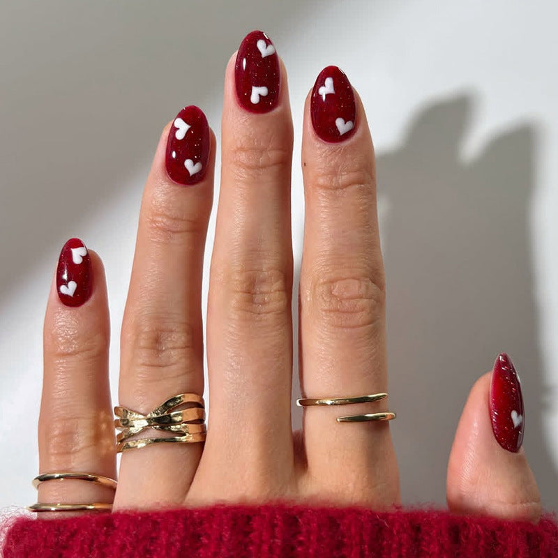 Charming Love Affair Glossy Long Almond Red Nails with Heart Design