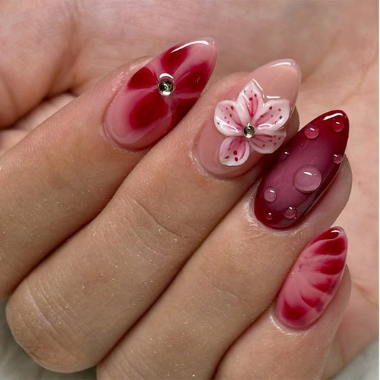 Floral Fantasy Long Almond Shape Burgundy and Pink Press On Nail Set with Three Dimensional Floral Design