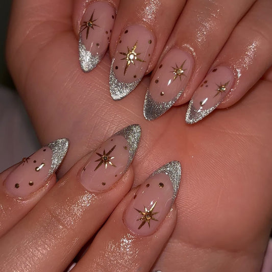 Celestial Glamour Long Almond Natural Pink with Silver Tips and Star Accents Press on Nail Set