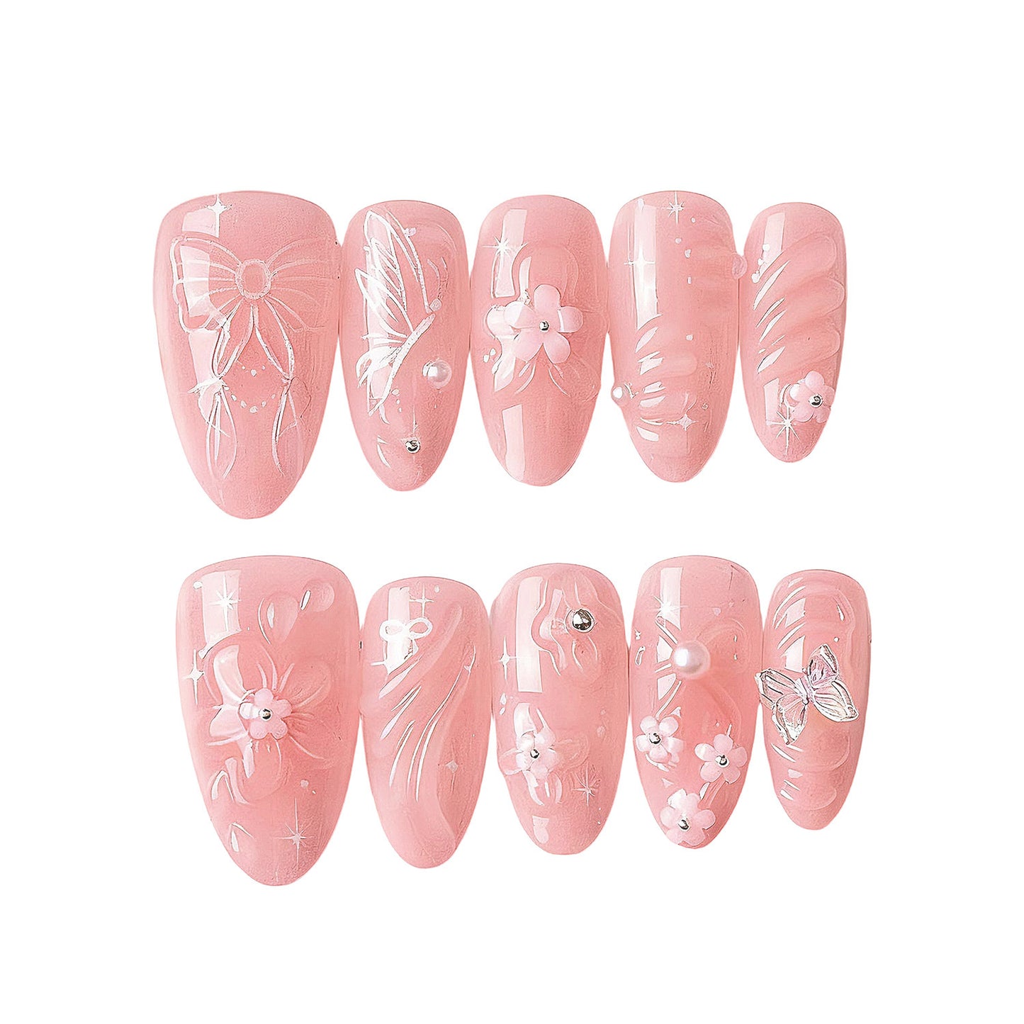 Blossom Enchantment Long Almond Pink Press on Nail Set with Floral Accents
