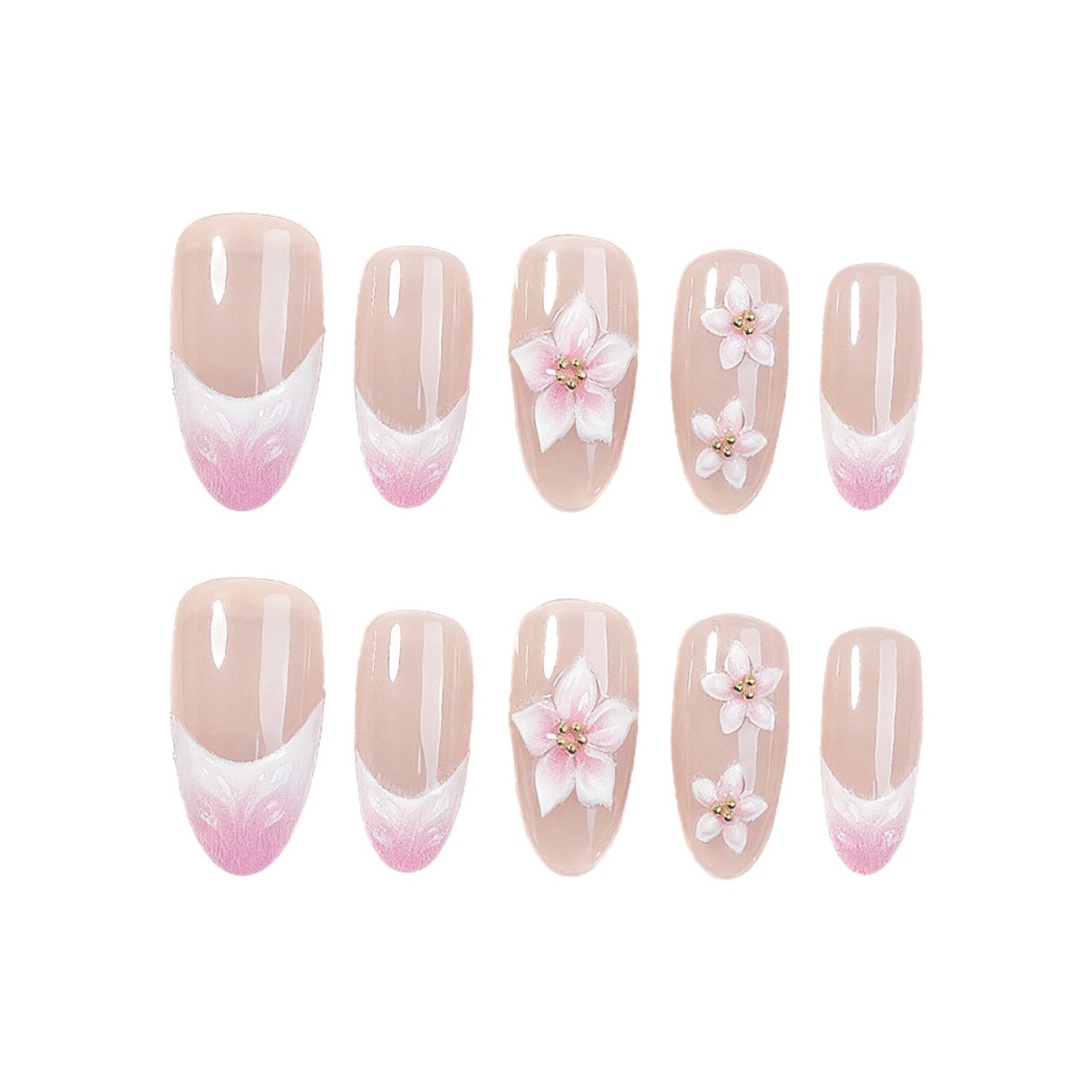 Blossom Elegance Long Almond Pink Gradation Press On Nail Set with Floral Embellishments