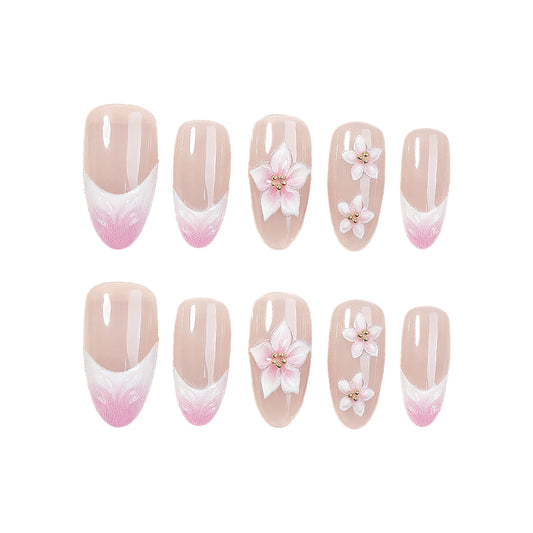 Blossom Elegance Long Almond Pink Gradation Press On Nail Set with Floral Embellishments