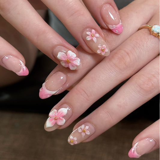 Blossom Dream Chic Long Almond Pink Ombre Design with Floral Accents Press On Nail Set